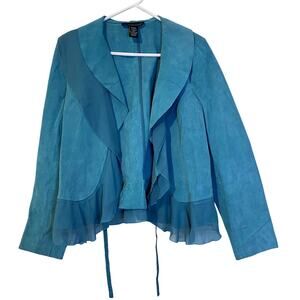 VTG Dialogue Teal Genuine Suede Leather Draped Chiffon Ruffled Jacket Size M Y2K